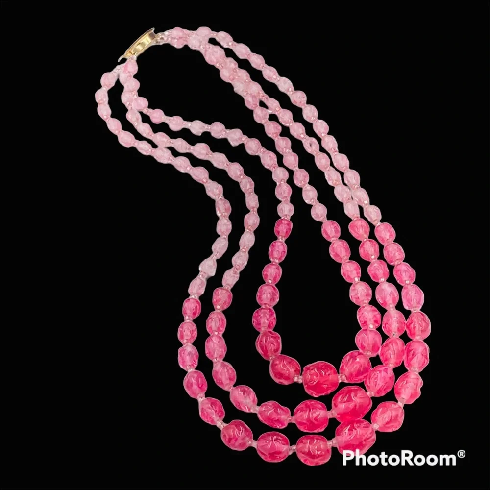SOLDMagnificent Vintage Ombré’ Pink Glass Bead Graduated Multi Strand Necklace - Picture 1 of 7